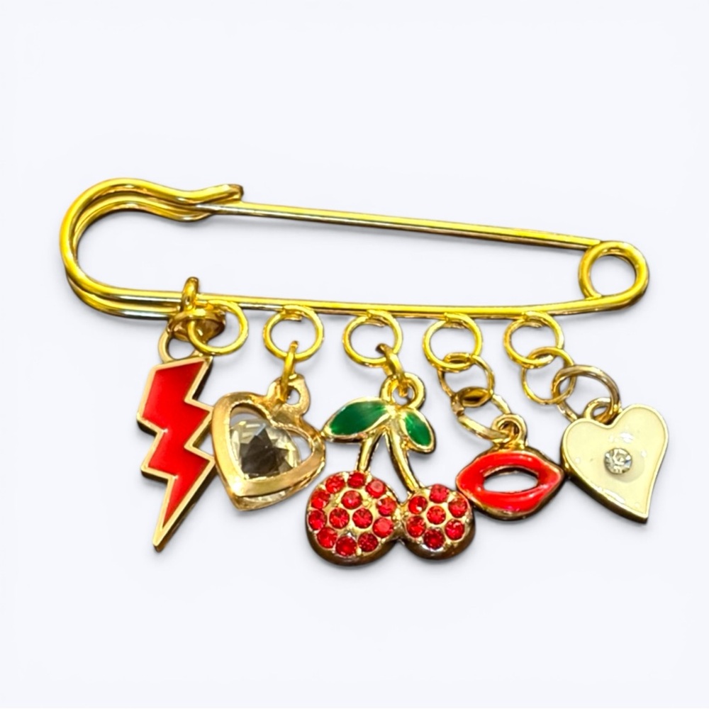 Gold-Tone Red Cherry Charm Brooch Pin with Enamel Accents - Picture 2 of 2